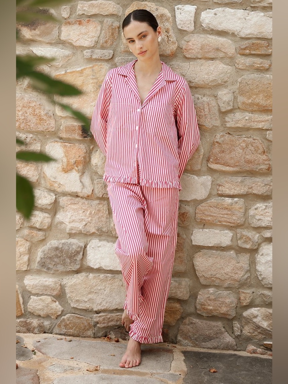 Piyama Felicity Frill Set - Long - Pinstripe Cherry